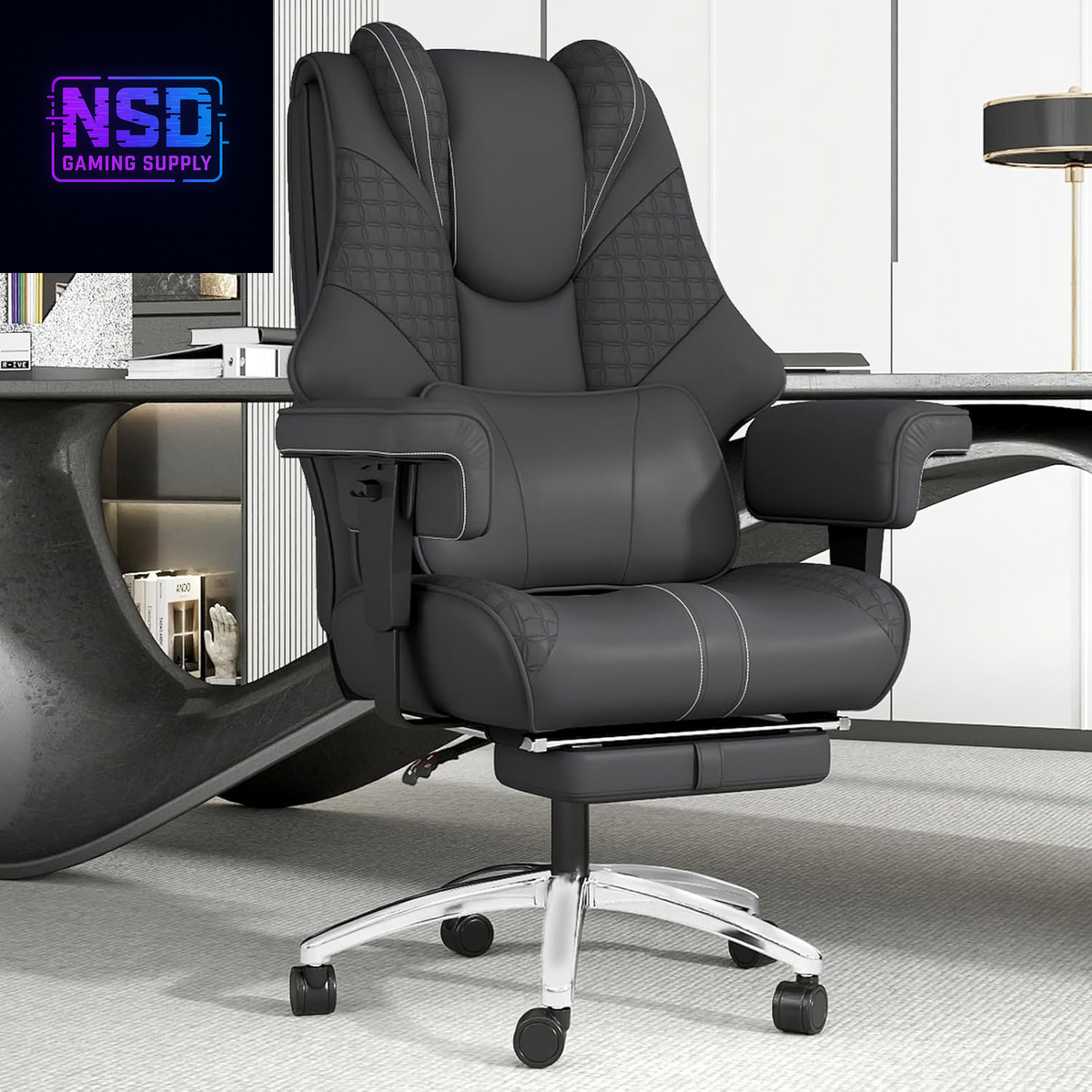 600Lbs Big and Tall Office Chair,Leather Executive Office Chair with Foot Rest for Heavy People,Wide Ergonomic Comfy High-Back Reclining Computer Chair, Swivel Rolling Wheels and Padded Lumbar Support