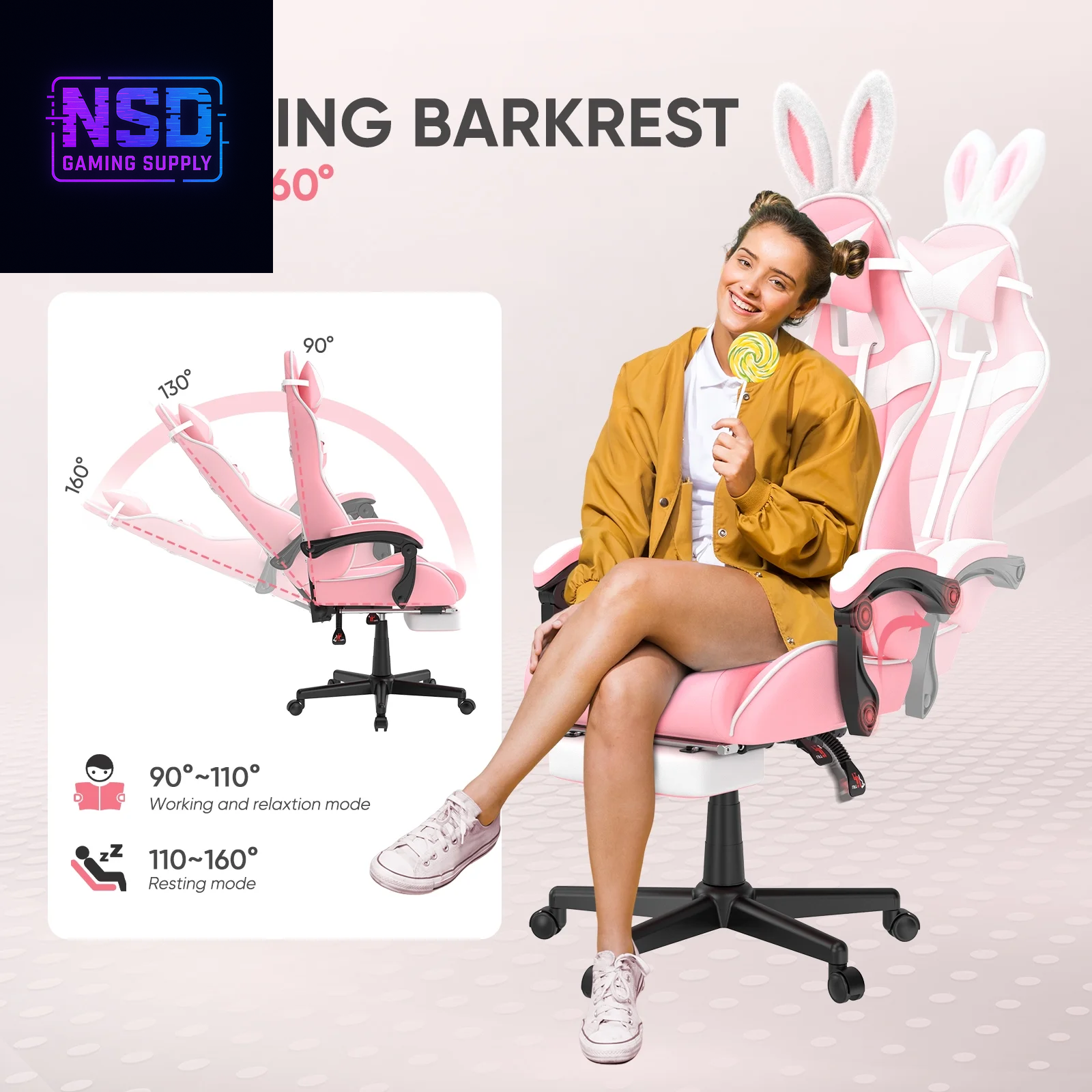 Pink Gaming Chair, Adult Game Gamer with Footrest & Massage Lumbar Pillow , Ergonomic High Back Office Chairs with Bunny Ear, Pink