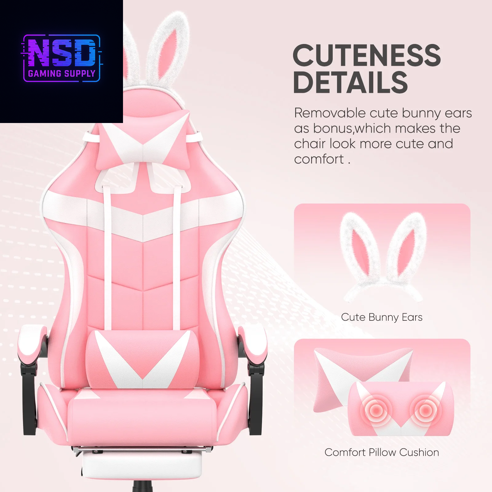 Pink Gaming Chair, Adult Game Gamer with Footrest & Massage Lumbar Pillow , Ergonomic High Back Office Chairs with Bunny Ear, Pink
