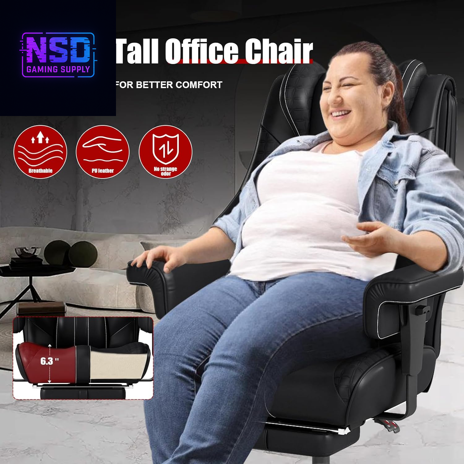 600Lbs Big and Tall Office Chair,Leather Executive Office Chair with Foot Rest for Heavy People,Wide Ergonomic Comfy High-Back Reclining Computer Chair, Swivel Rolling Wheels and Padded Lumbar Support