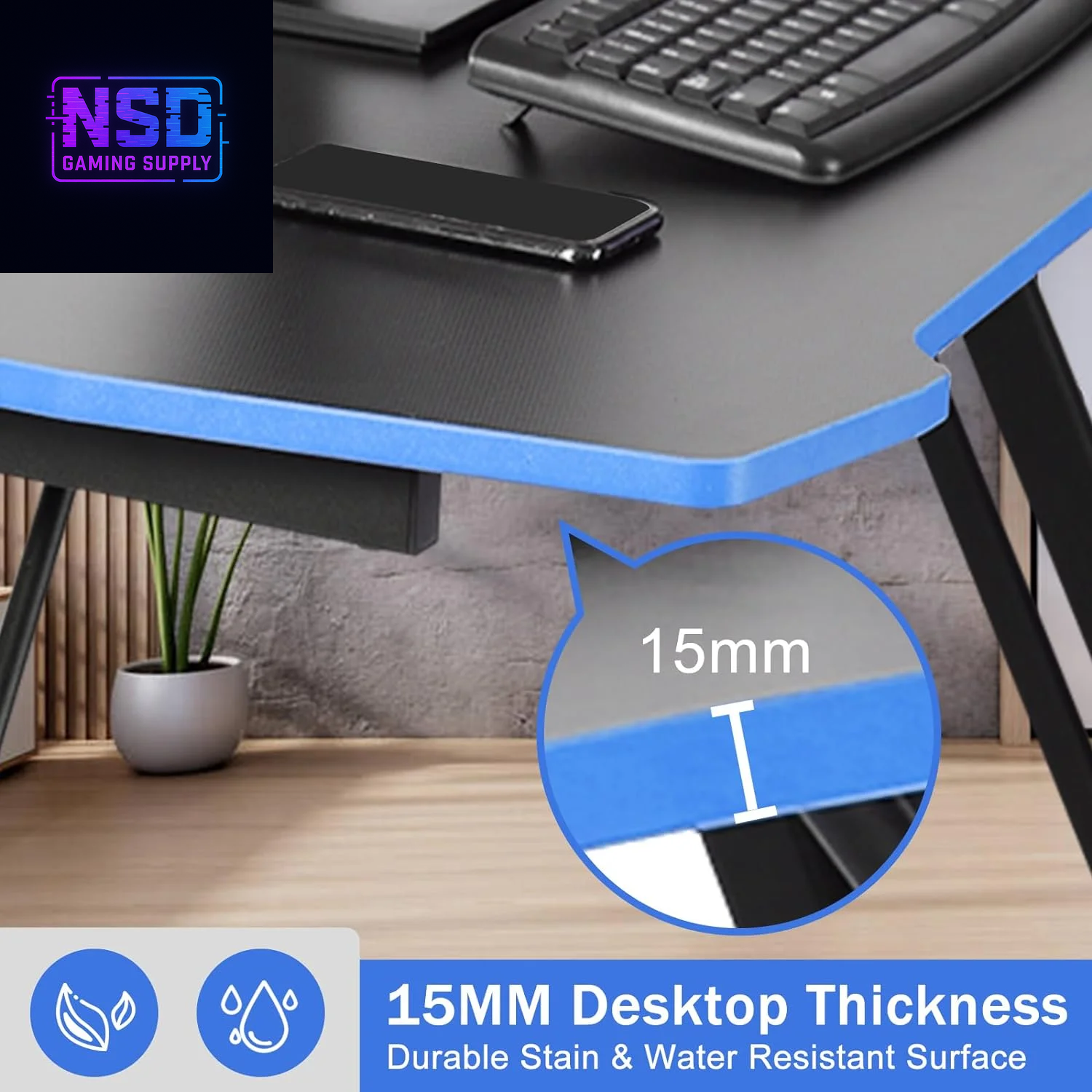 47-Inch Z-Shaped Gaming Desk – Ergonomic Design, Headphone Hook, Cup Holder, Carbon Fiber Texture (Blue)