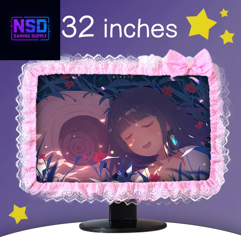 Lace Fabric Computer Frame Cover Monitor Screen Dust Cover with Elastic Pen Pocket Bow Home Decorations