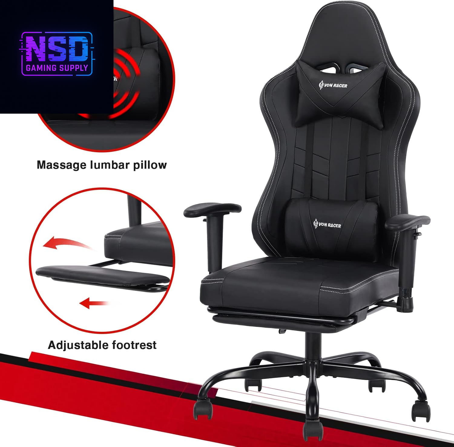 Gaming Chair Massage with Footrest Gamer Chair Ergonomic Gaming Chair for Adults Video Game Chair with Headrest and Massage Lumbar Support Gaming Chair Adjustable Swivel (Black)