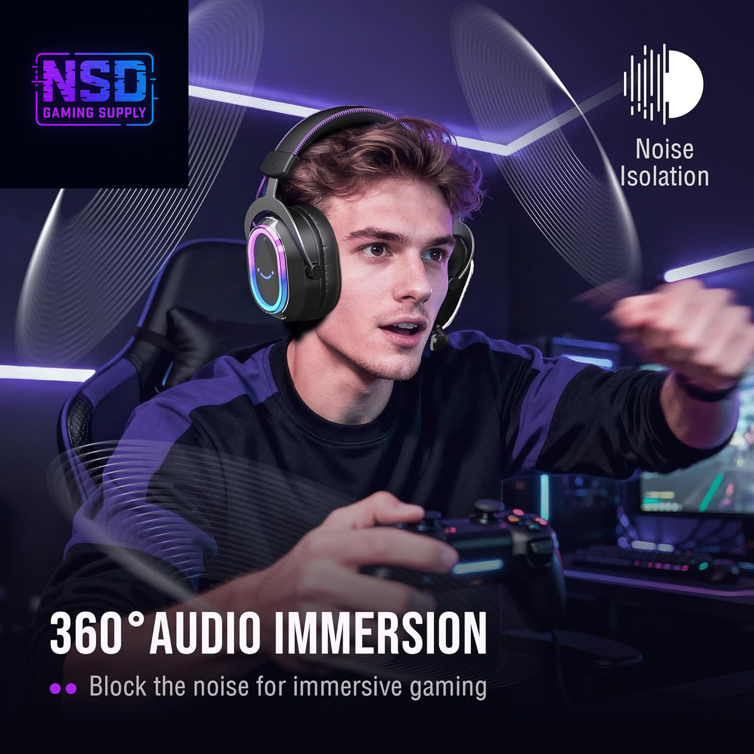 Wired USB Gaming Headset: 7.1 Surround Sound - Vibrant Customizable RGB - Game/Chat Balance, Gamer Headphone with Noise Canceling Mic for PC, PS5/PS4, Laptop, Mac - Ampligame H13BP