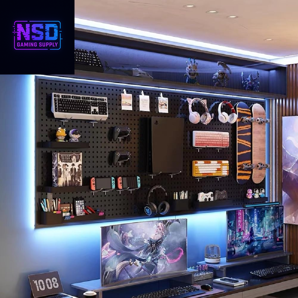 RGB+IC LED Pegboard Wall Organizer – 2-Pack Heavy-Duty Metal Panels with Hooks, 12x24 Inch Wall-Mounted Gaming Setup Organizer, DIY LED Display Board