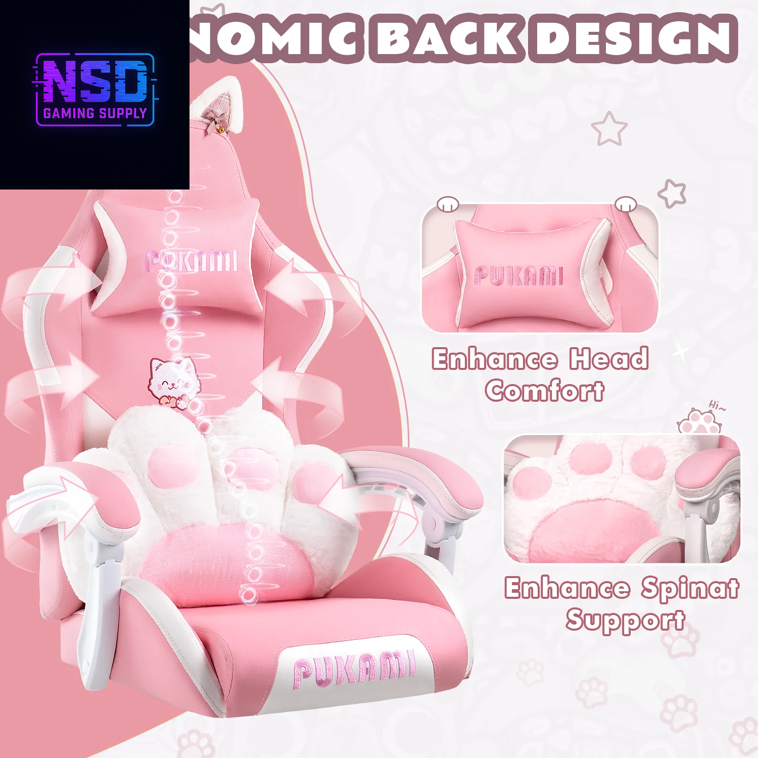 Pink Gaming Chair,Ergonomic Computer Chair for Adult with Cat Paw Lumbar Cushion and Cat Ears