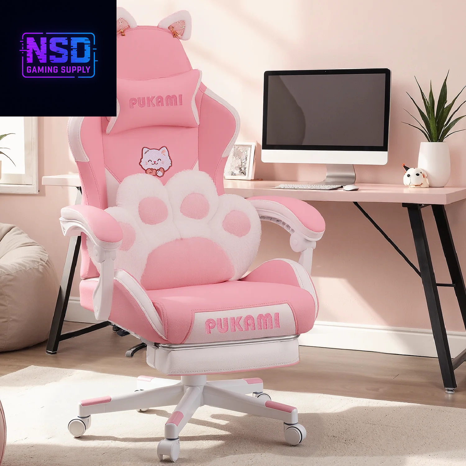 Pink Gaming Chair,Ergonomic Computer Chair for Adult with Cat Paw Lumbar Cushion and Cat Ears