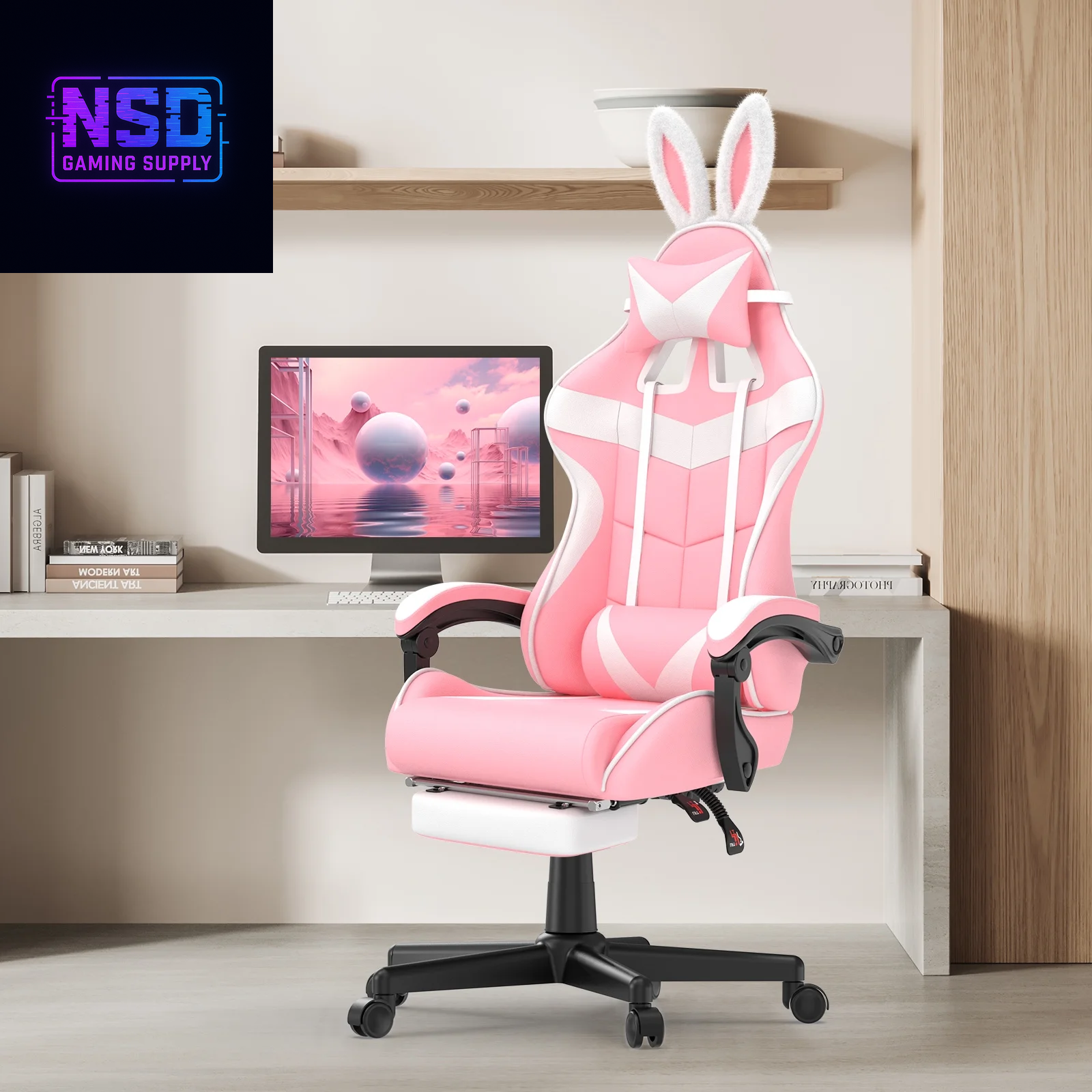 Pink Gaming Chair, Adult Game Gamer with Footrest & Massage Lumbar Pillow , Ergonomic High Back Office Chairs with Bunny Ear, Pink
