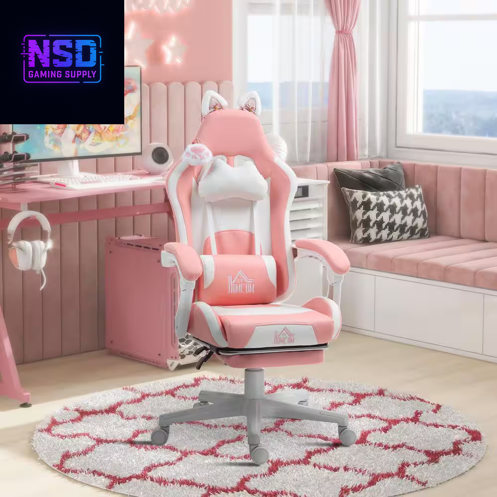 HOMCOM Cute Pink Gaming Chair with Footrest – Reclining Gamer Chair with Cat Ears, Faux Leather, and Adjustable Height