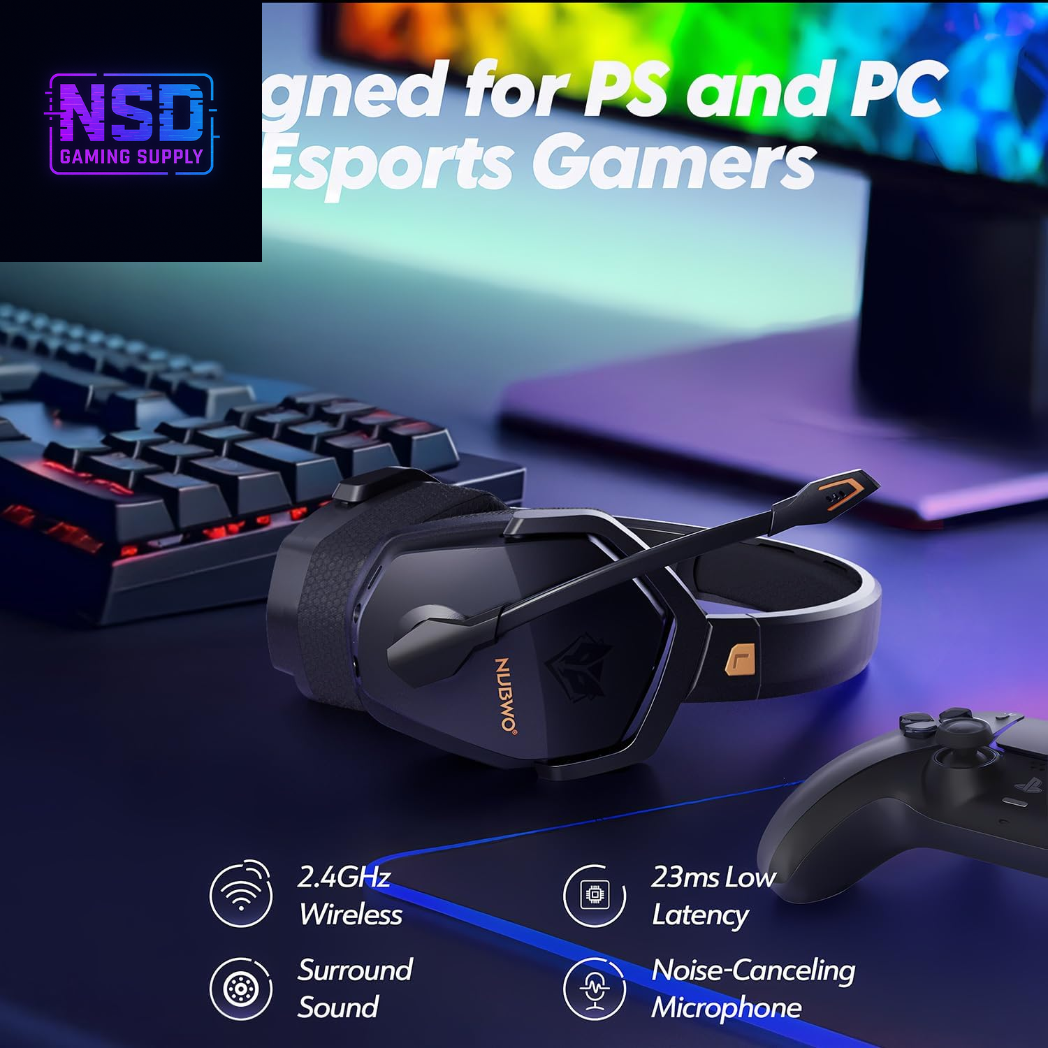 Wireless Gaming Headset with Mic for Ps5 Ps4 PC, Zero Interference, 100-Hour Battery All-Day Play, 23Ms Sync for Fortnite & Call of Duty/Fps Gamers, Triple Mode All Devices Compatible - Orange