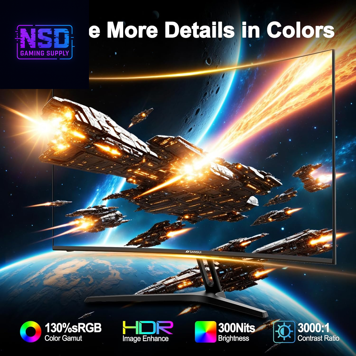 24‑inch Curved Gaming Monitor, 180 Hz, 1 ms MPRT, FHD, FreeSync, 130% sRGB, HDR, Built‑in speakers, HDMI + DP, VESA, metal stand, HDMI cable included