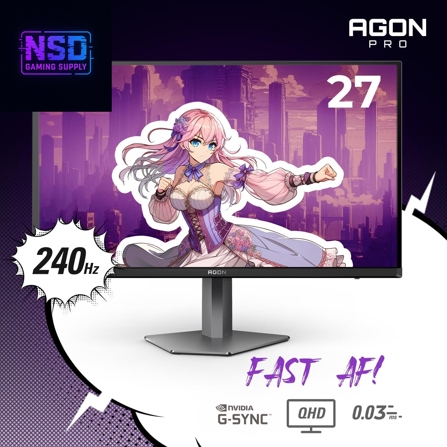 Agon PRO AG276QZD2 27" OLED Tournament Gaming Monitor 2560X1440, 240Hz 0.03Ms, G-SYNC, PS5 Xbox Switch Compatible, Glossy, Black