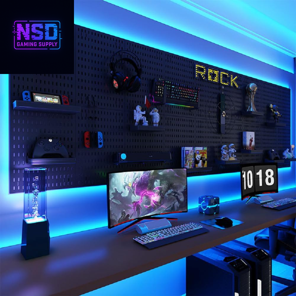 RGB+IC LED Pegboard Wall Organizer – 2-Pack Heavy-Duty Metal Panels with Hooks, 12x24 Inch Wall-Mounted Gaming Setup Organizer, DIY LED Display Board