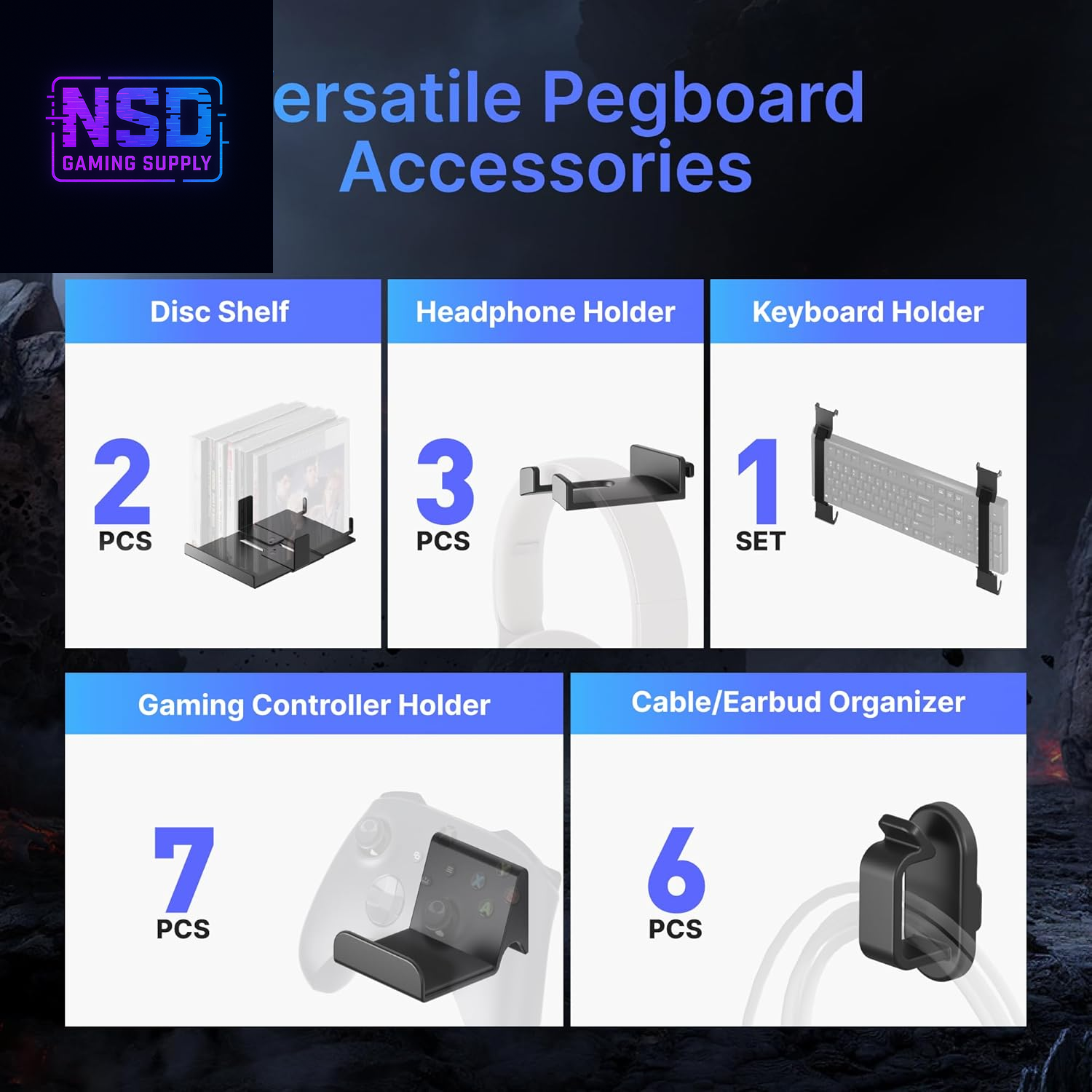 Controller & Headphone Wall Mount Organizer – Modular Pegboard System with 14 Accessories, Controller Stand for Xbox, PlayStation, Switch, and Gaming Disc Shelf