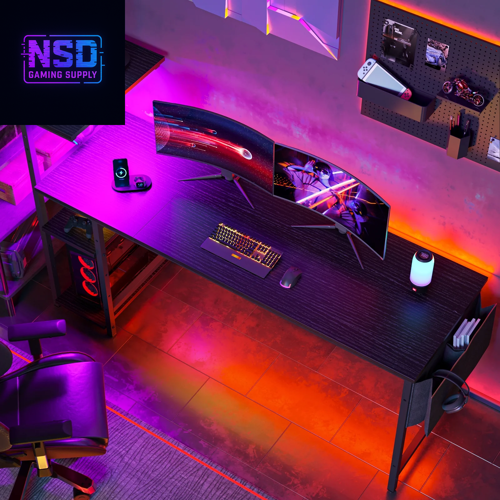 61" Reversible Gaming Desk Computer Desk with LED Lights 4 Tier Shelves Black