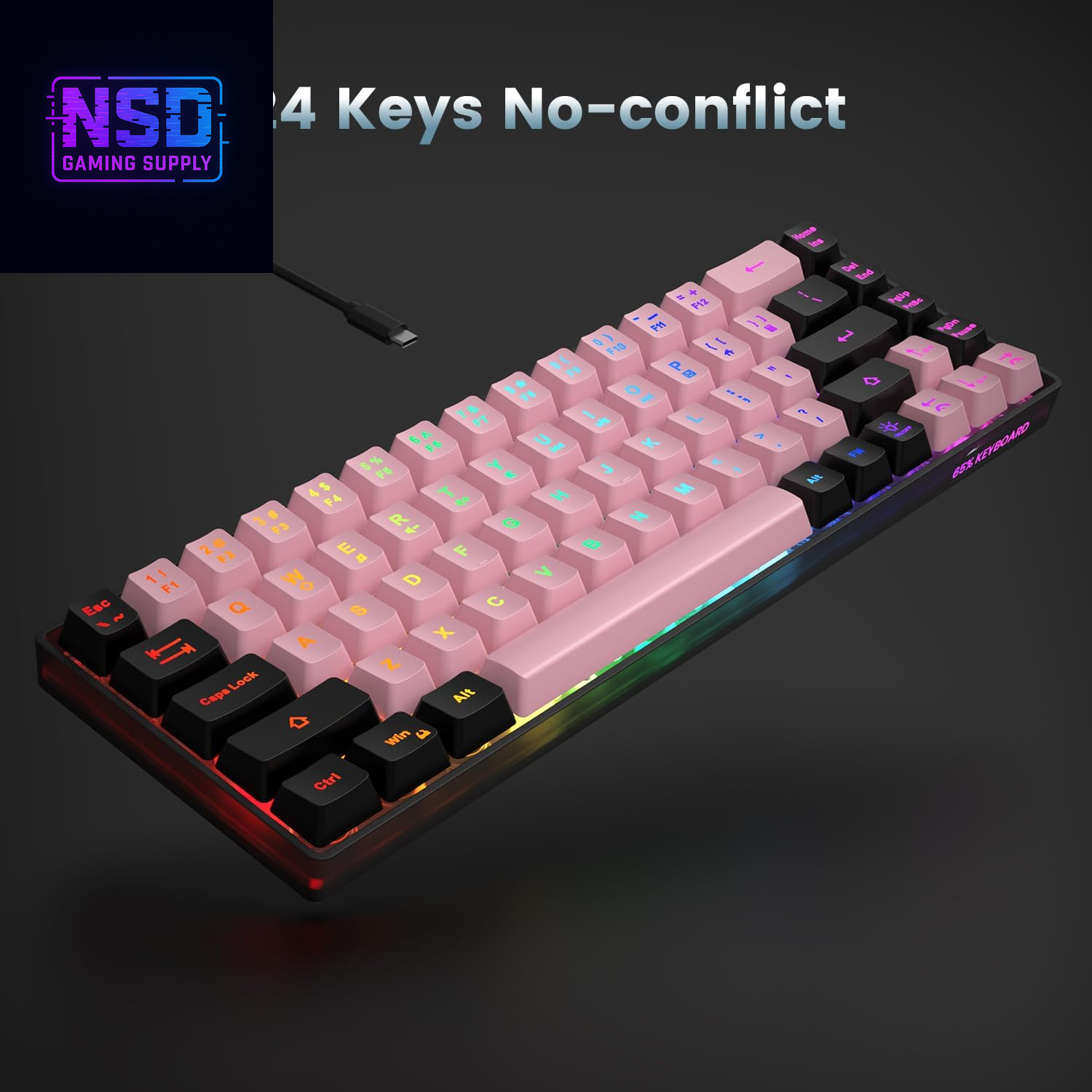 65% Wired Gaming Keyboard, LED Backlit, Ultra-Compact Anti-Ghosting No-Conflict 68 Keys Membrane Gaming Wired Keyboard for PC Laptop Windows Gamer(Pink-Black)