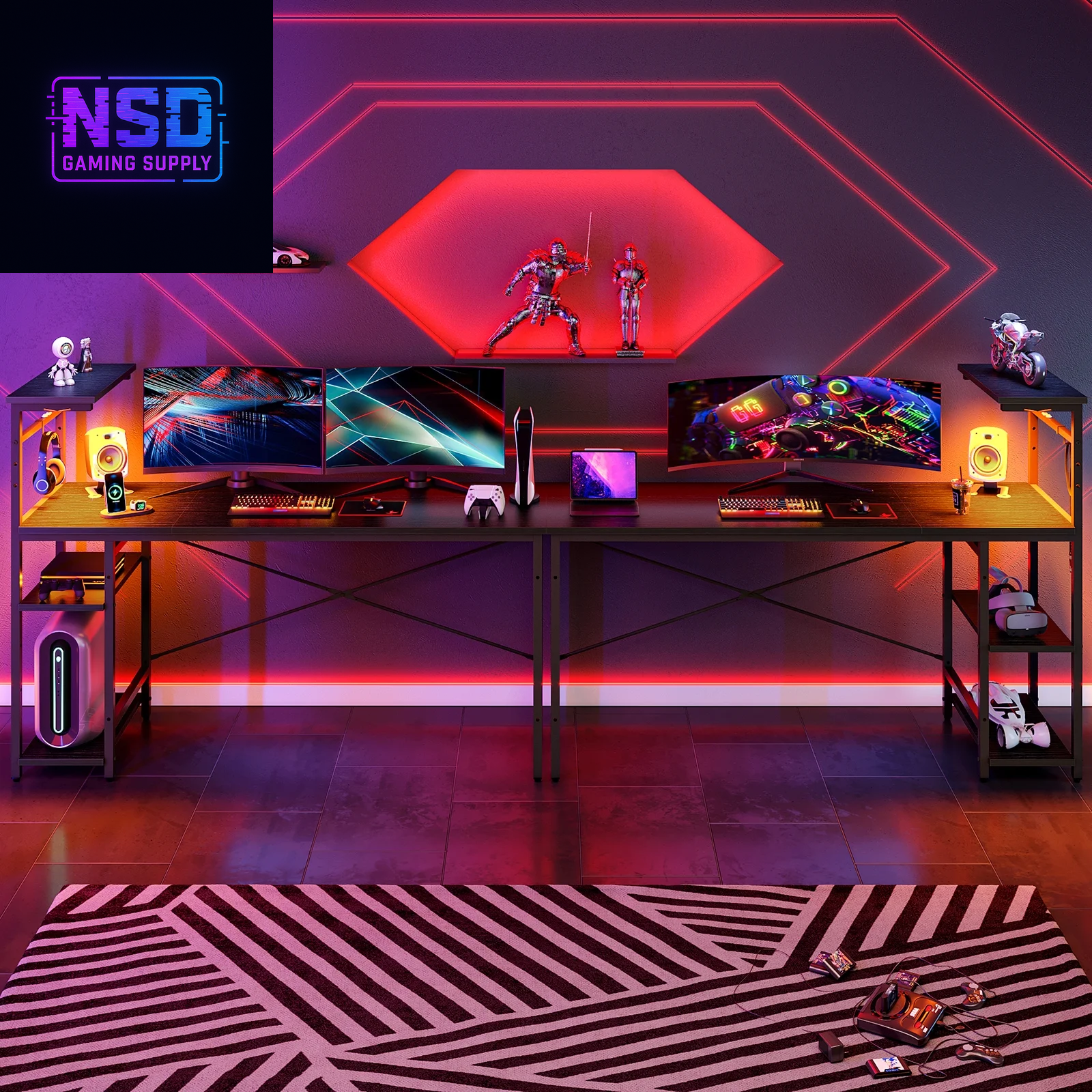 61" Reversible Gaming Desk Computer Desk with LED Lights 4 Tier Shelves Black