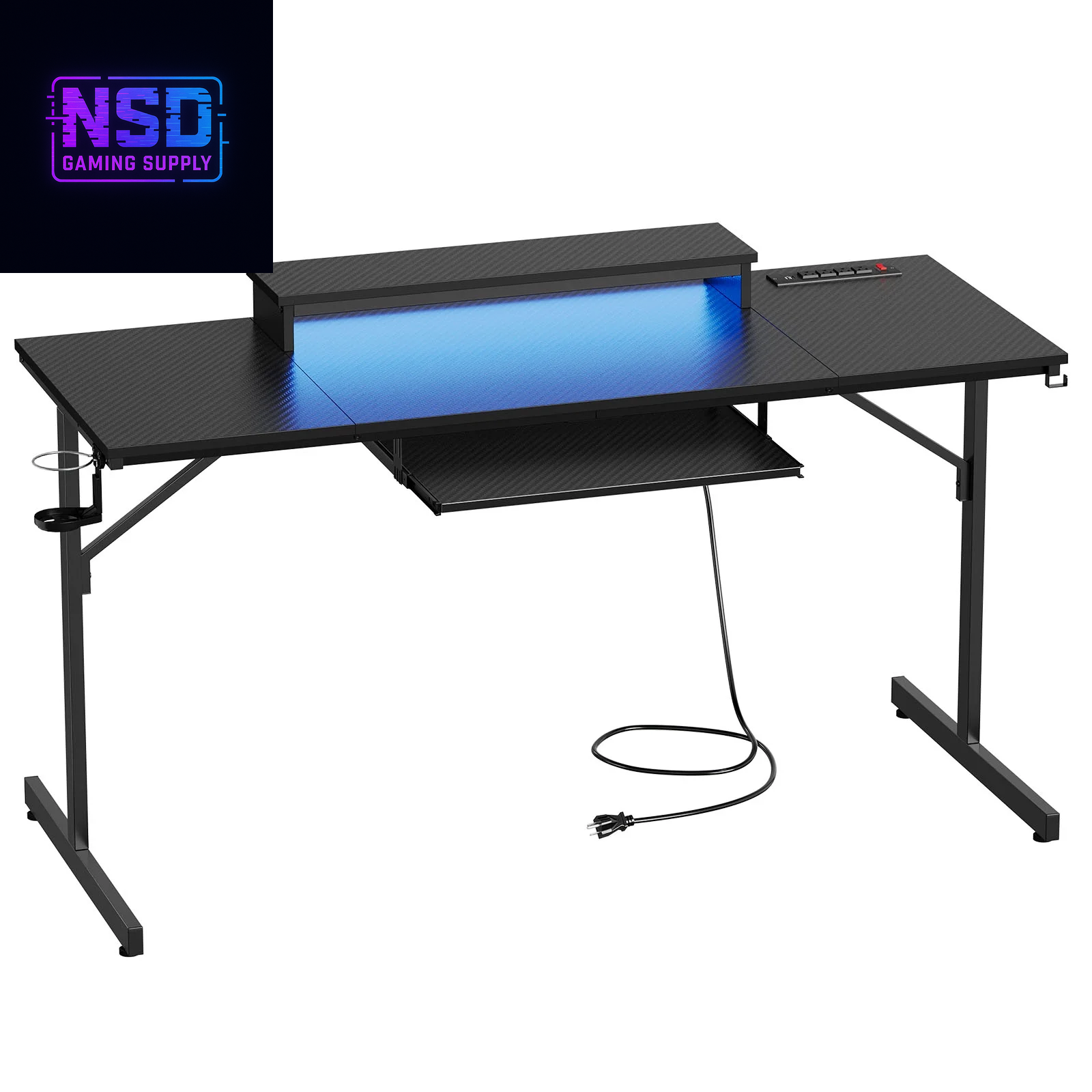 63" Gaming Desk with LED Lights & Power Outlets, Monitor Stand & Keyboard Tray for Home Office, Carbon Fiber Black