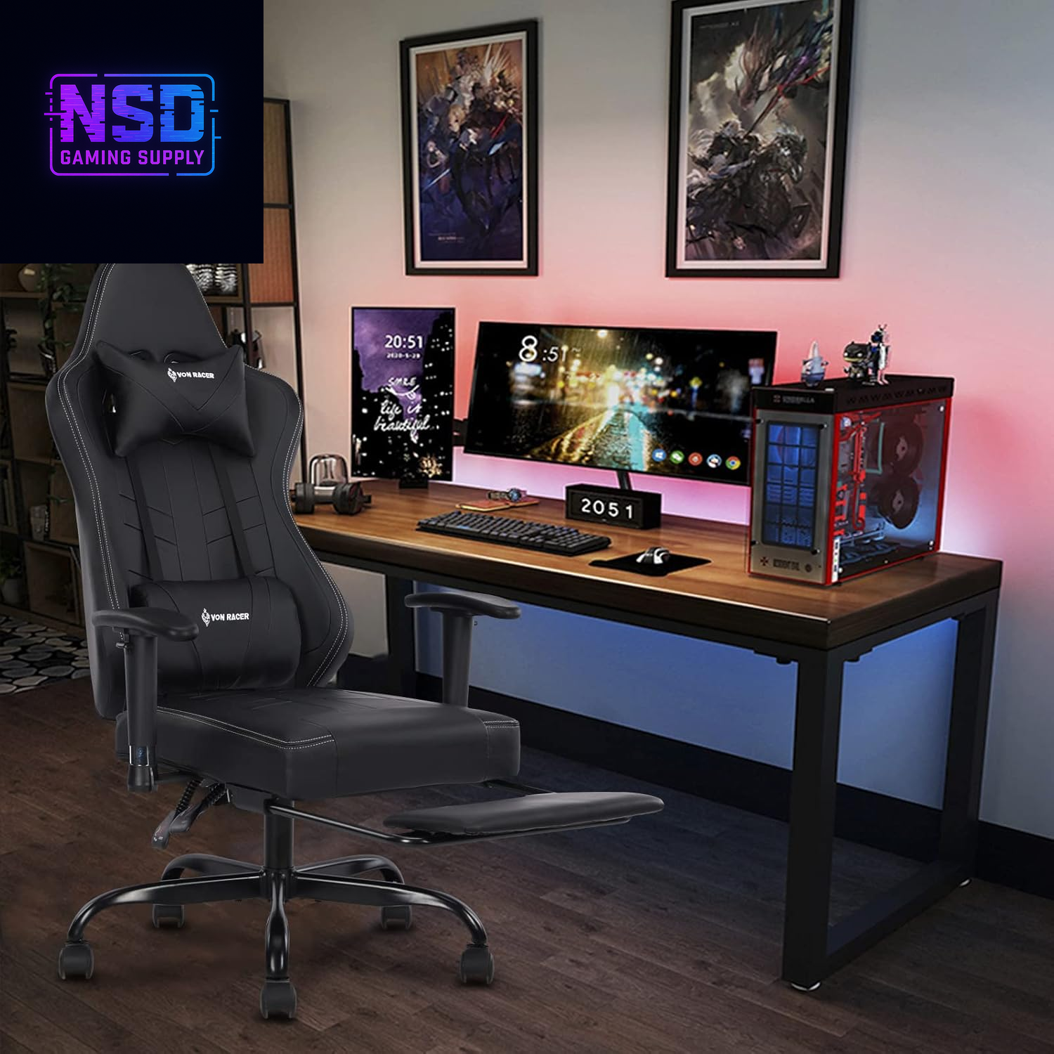 Gaming Chair Massage with Footrest Gamer Chair Ergonomic Gaming Chair for Adults Video Game Chair with Headrest and Massage Lumbar Support Gaming Chair Adjustable Swivel (Black)