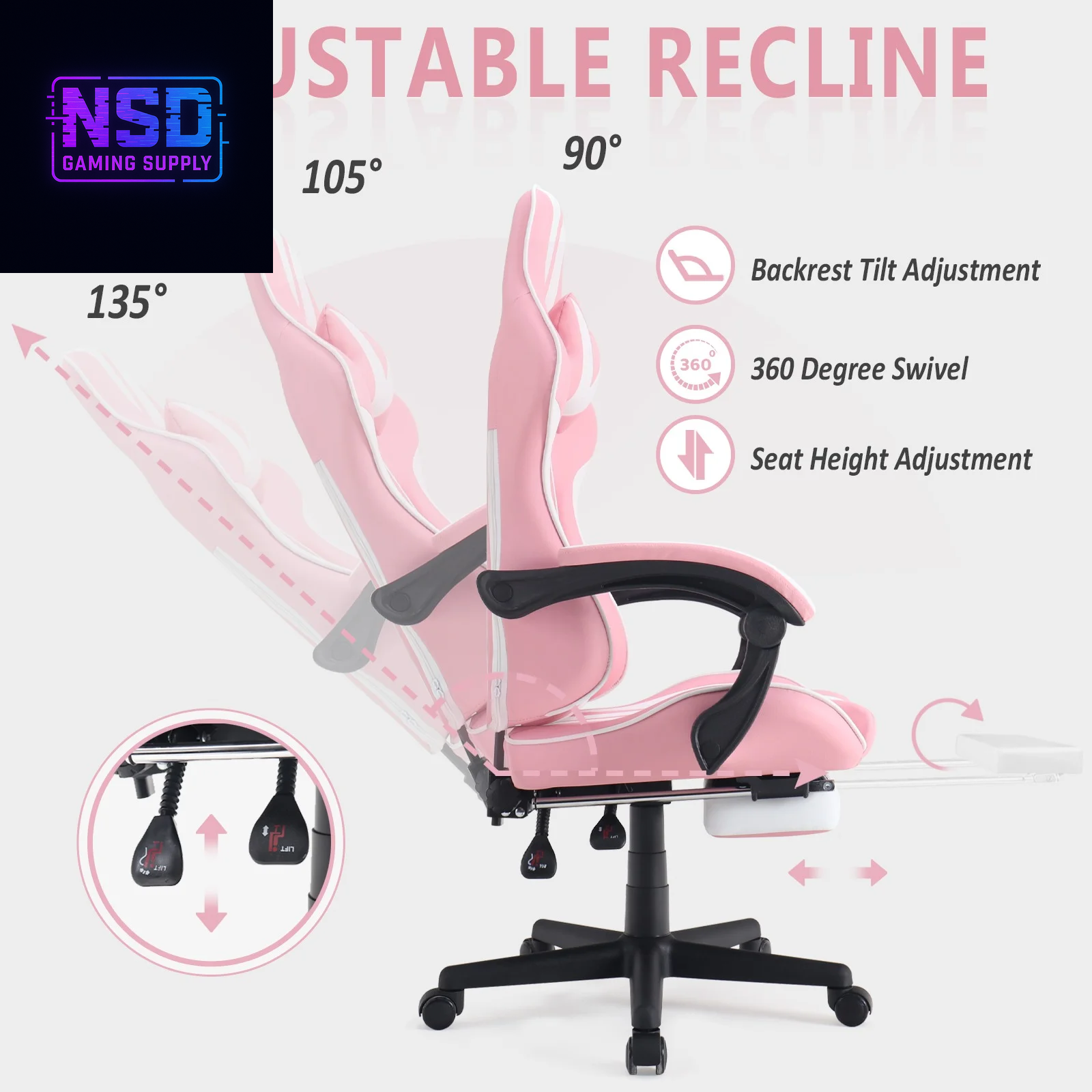 Gaming Chair Office Chair with Footrest, Ergonomic Massage Chair with Lumbar Pillow, Headrest for Adults Teens, Pink