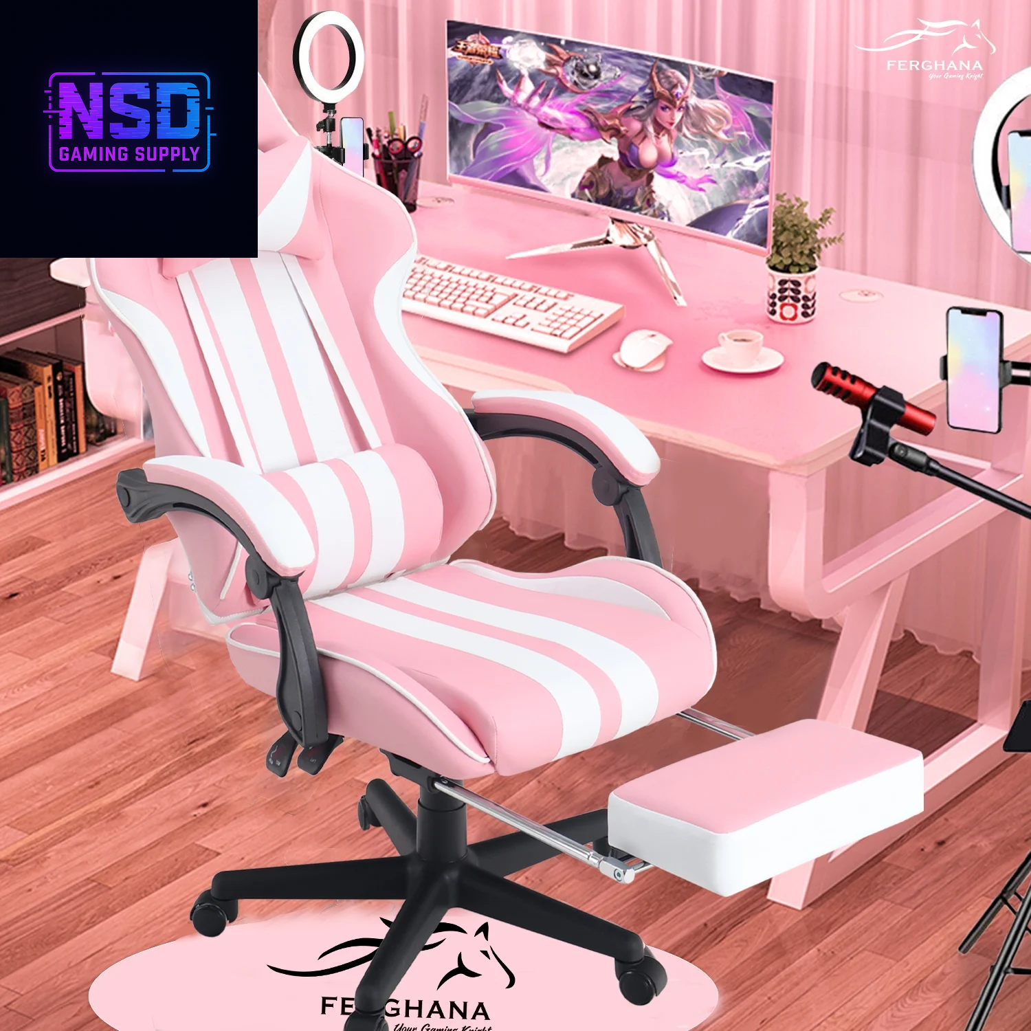 Gaming Chair Office Chair with Footrest, Ergonomic Massage Chair with Lumbar Pillow, Headrest for Adults Teens, Pink