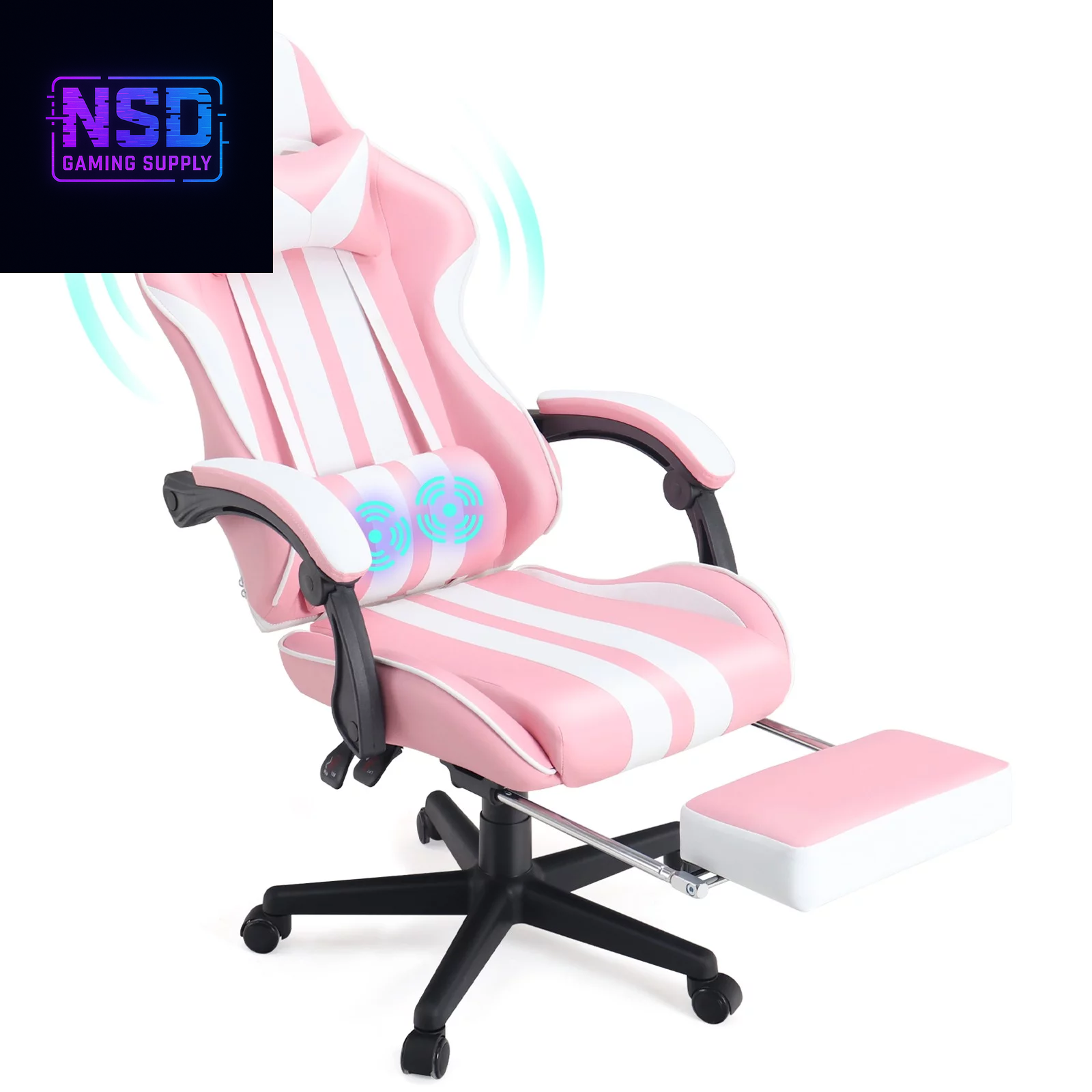 Gaming Chair Office Chair with Footrest, Ergonomic Massage Chair with Lumbar Pillow, Headrest for Adults Teens, Pink