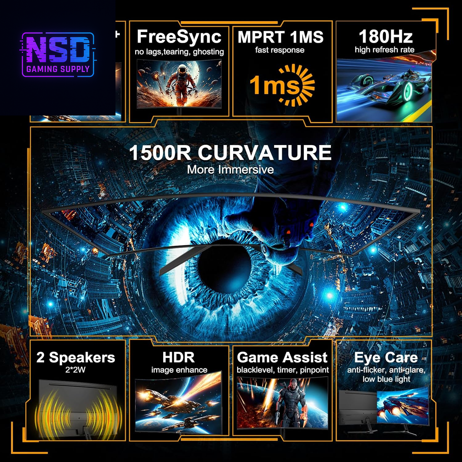 24‑inch Curved Gaming Monitor, 180 Hz, 1 ms MPRT, FHD, FreeSync, 130% sRGB, HDR, Built‑in speakers, HDMI + DP, VESA, metal stand, HDMI cable included
