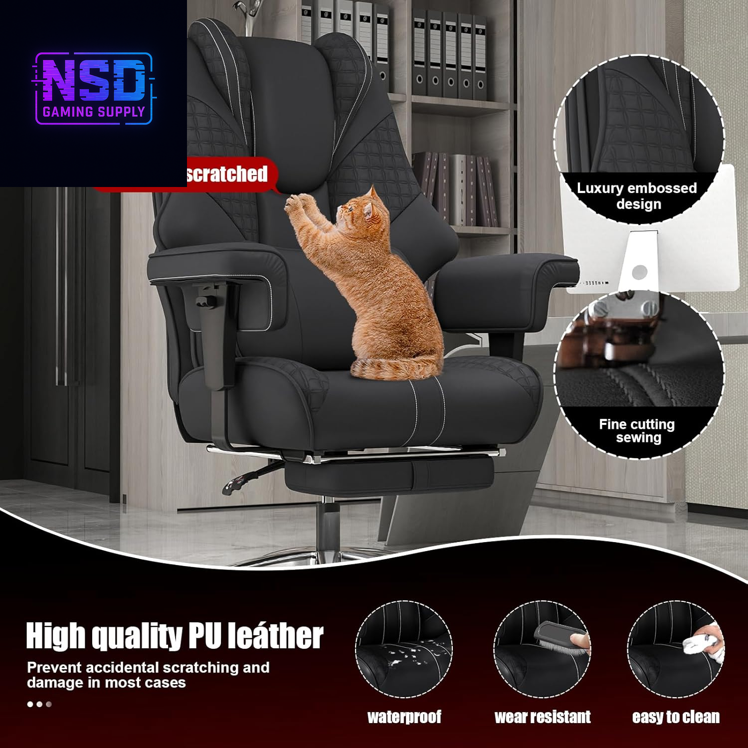 600Lbs Big and Tall Office Chair,Leather Executive Office Chair with Foot Rest for Heavy People,Wide Ergonomic Comfy High-Back Reclining Computer Chair, Swivel Rolling Wheels and Padded Lumbar Support