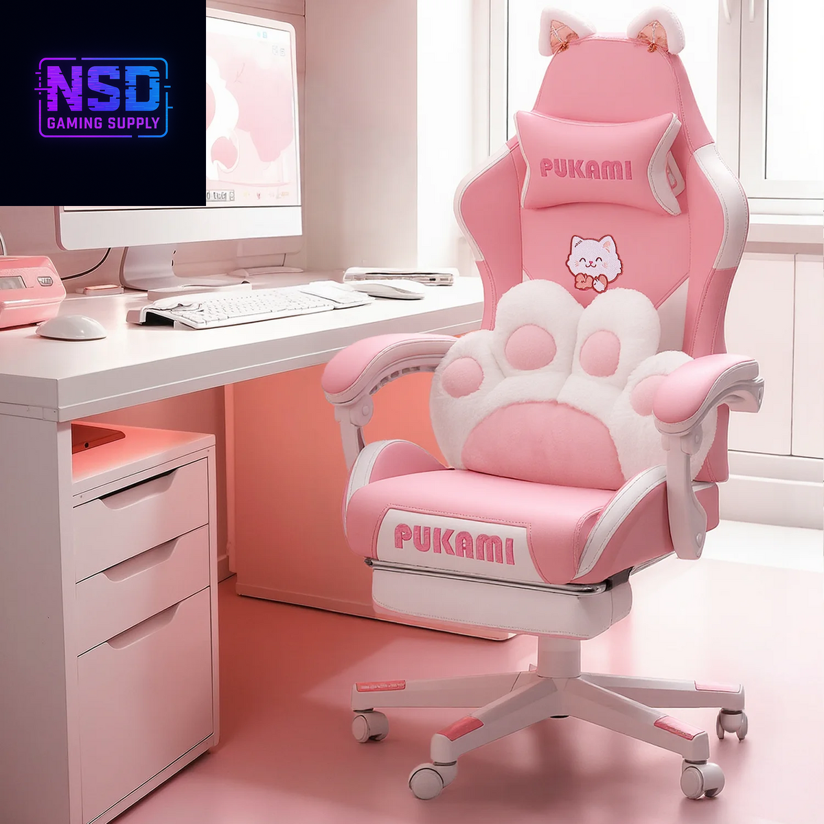 Pink Gaming Chair,Ergonomic Computer Chair for Adult with Cat Paw Lumbar Cushion and Cat Ears