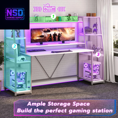 78.8-Inch Gaming Desk – LED RGB Lights, Hutch, Monitor Stand, CPU Holder & Dual Storage Shelves (White)