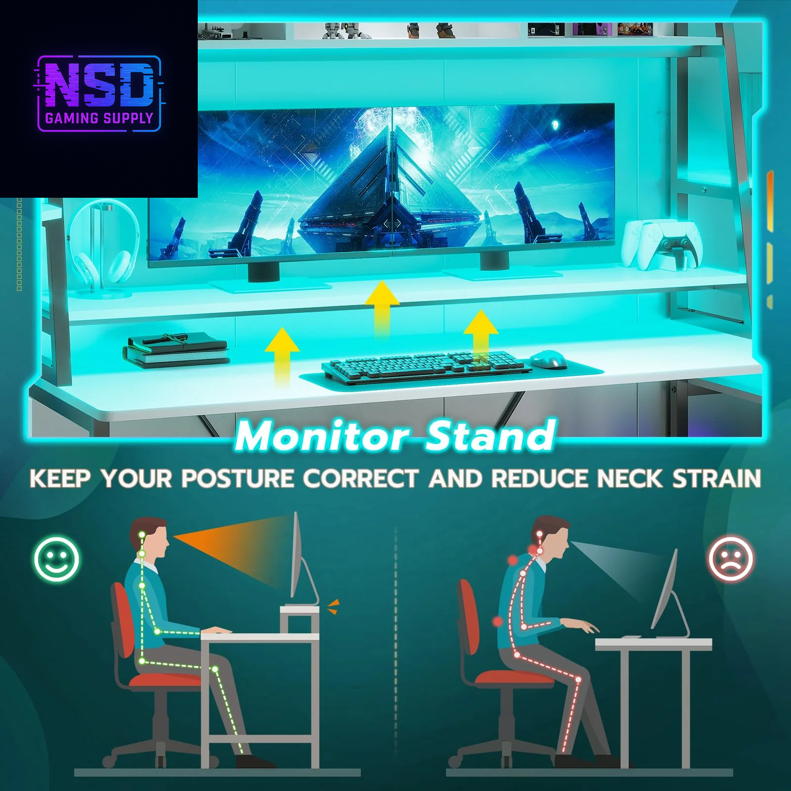 78.8-Inch Gaming Desk – LED RGB Lights, Hutch, Monitor Stand, CPU Holder & Dual Storage Shelves (White)