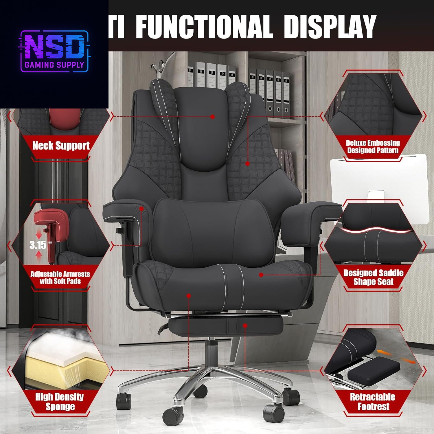 600Lbs Big and Tall Office Chair,Leather Executive Office Chair with Foot Rest for Heavy People,Wide Ergonomic Comfy High-Back Reclining Computer Chair, Swivel Rolling Wheels and Padded Lumbar Support