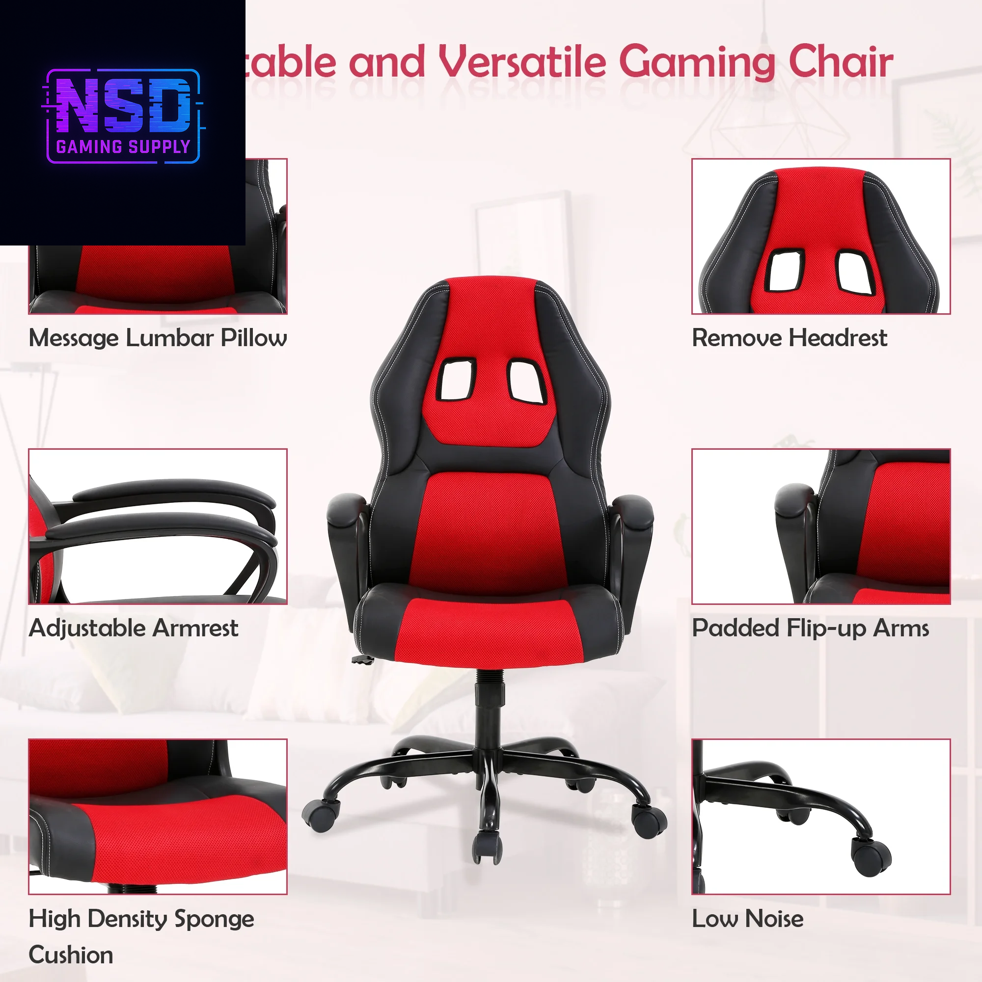 Gaming Chair PC Gaming Chair Gaming Chairs for Adults, Computer Chair PU Leather Office Desk Chair with Arms & Back Ergonomic High-Back Video Game Chair(Red）