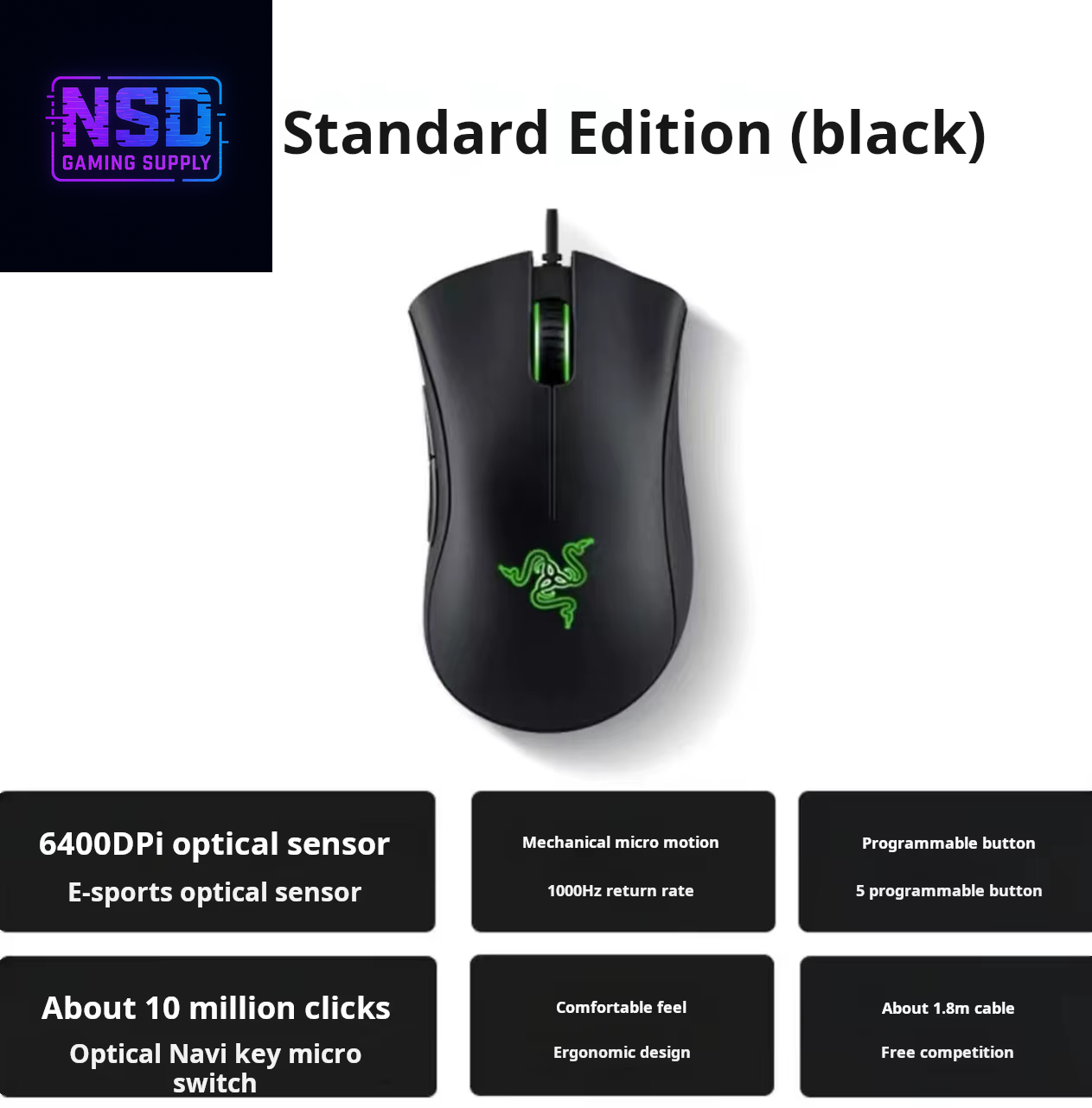 Deathadder Essential Wired Gaming Mouse – 6400 DPI, 5 Programmable Buttons, Ergonomic Design for PC and Laptop Gamers